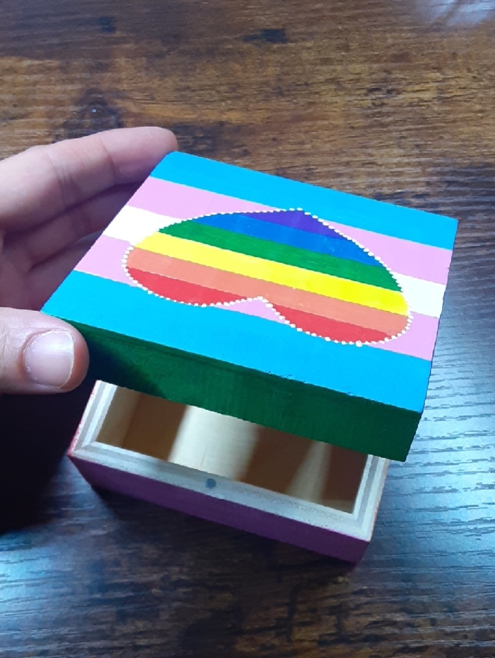 Wooden Trinket Box with Hand-Painted Rainbow Heart & Trans Pride Stripes - Picture 5 of 8